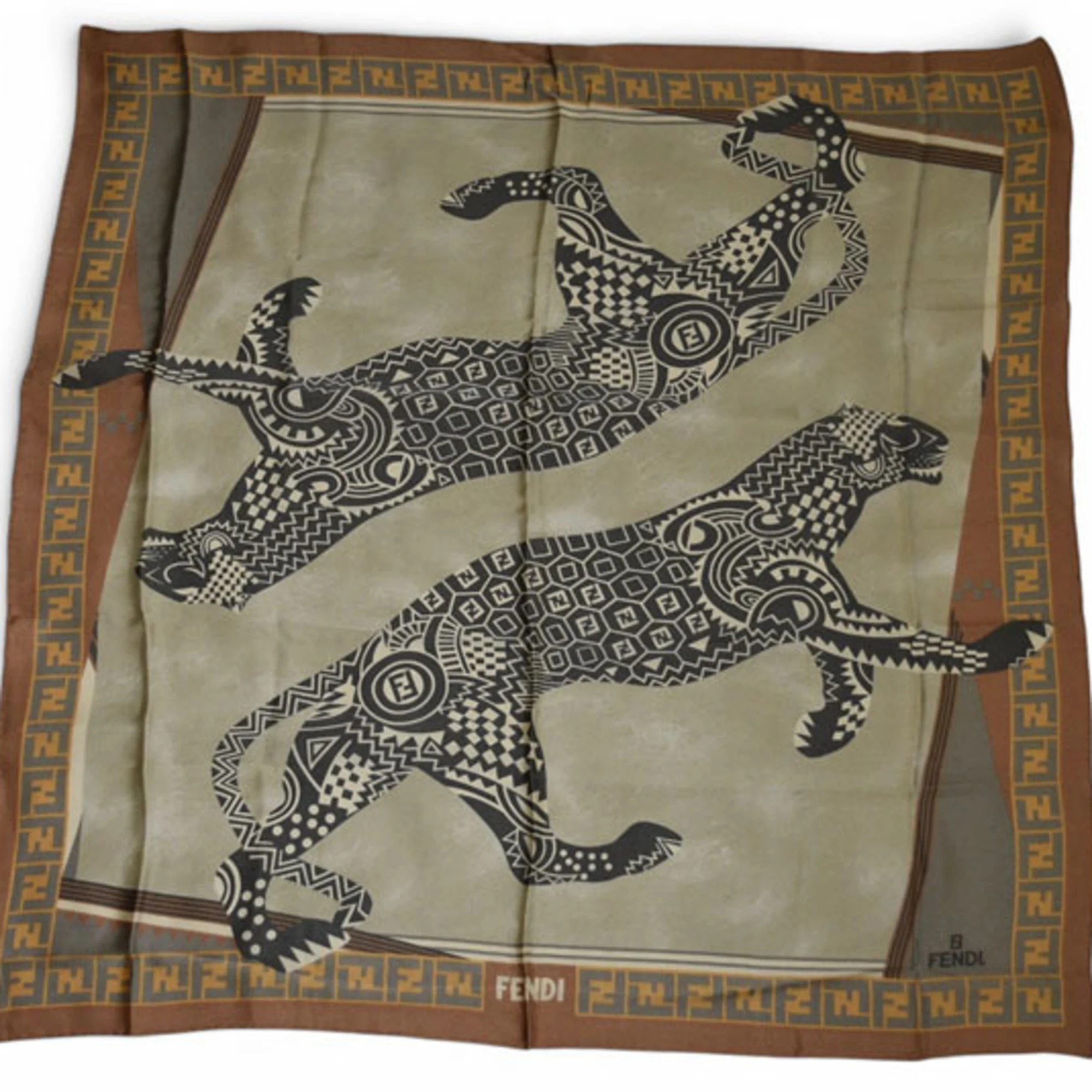 Fendi Scarf/Muffler, Silk Twill, Ff/Leopard Print, Brown/Khaki